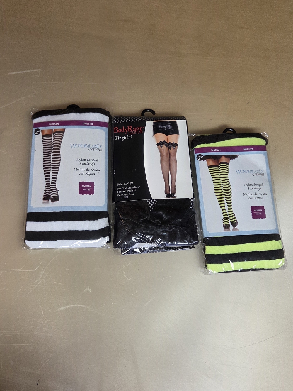 New Halloween Stockings Lot 3 Pairs Striped & Bow Fishnet Thigh Highs #0432